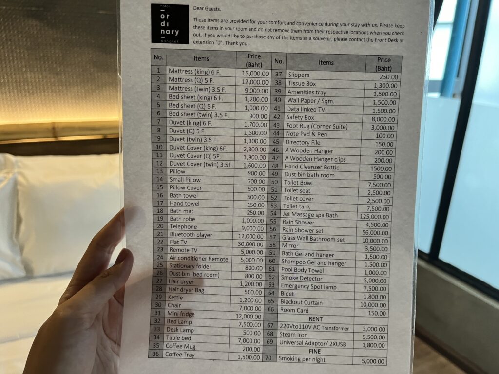 Ordinary Hotel Bangkokの料金表