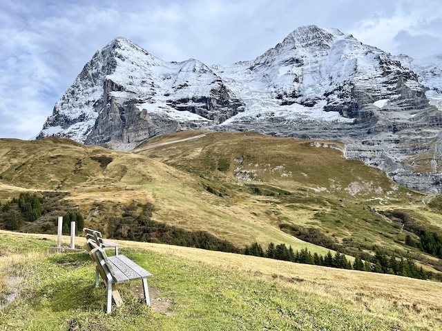 スイスの山とベンチ